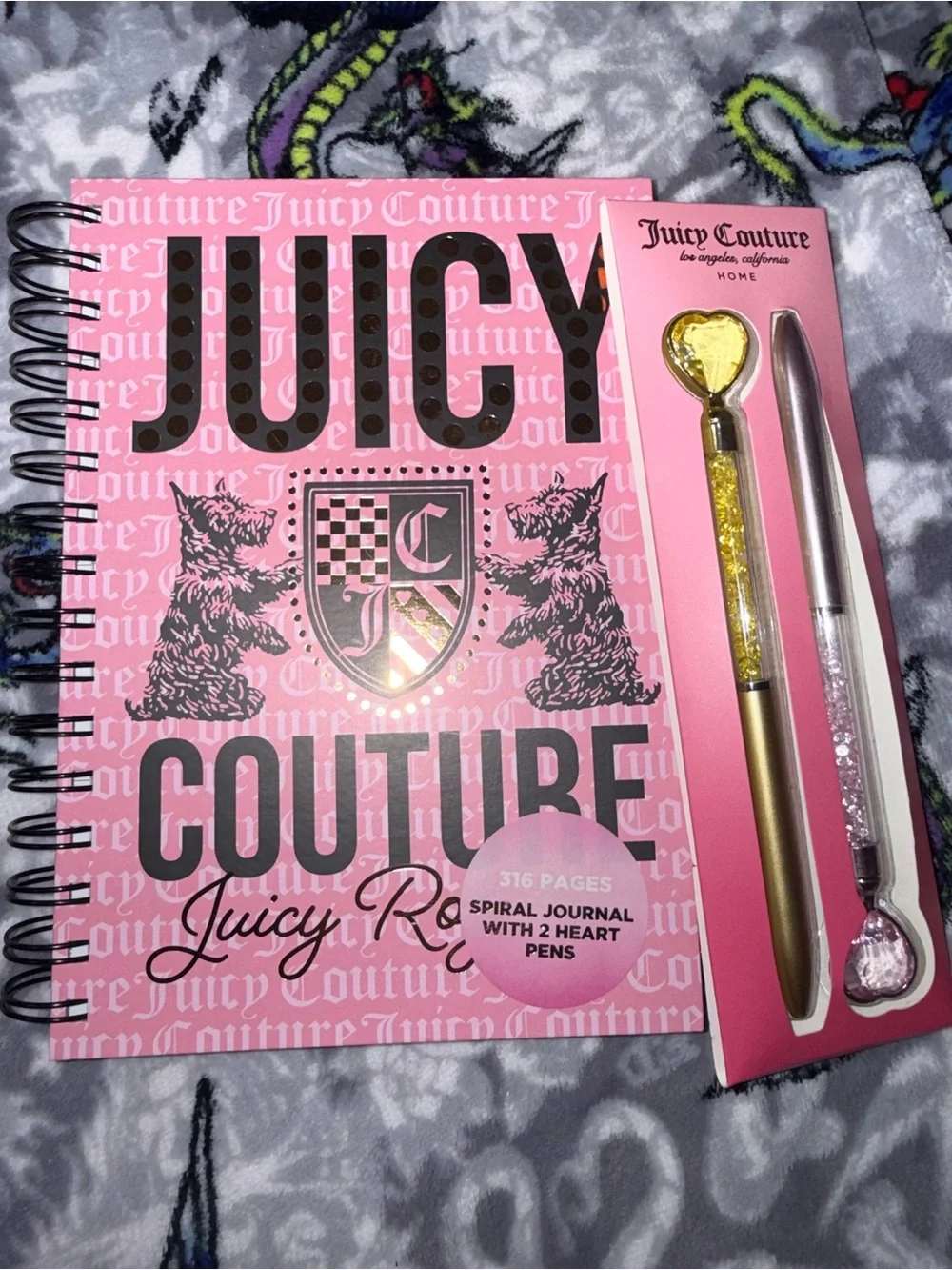 Juicy Couture Pink and Gold Spiral Journal with Heart Pens